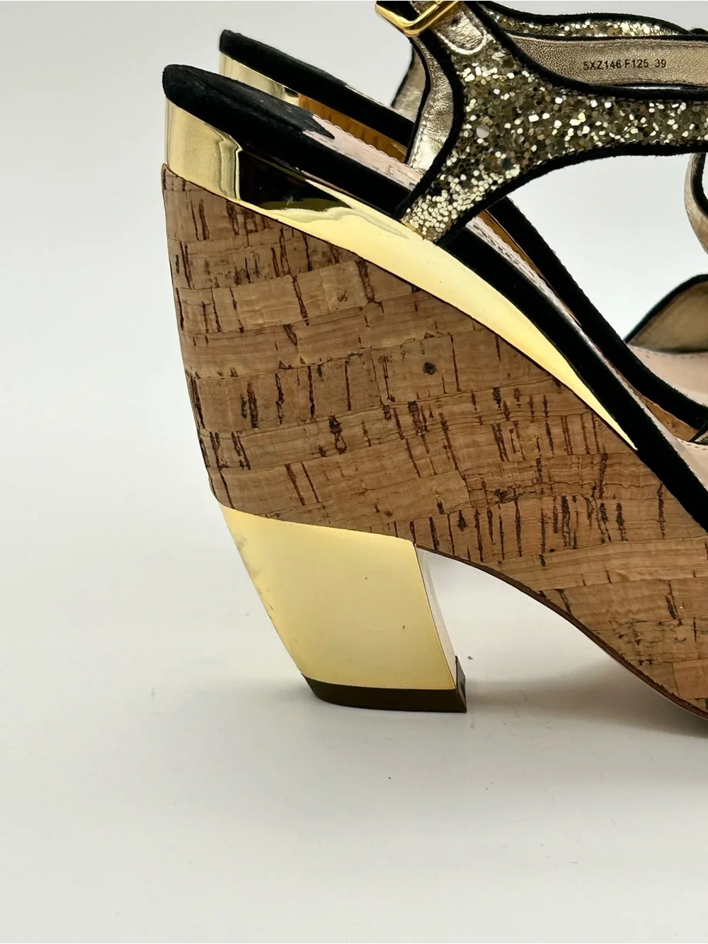 Miu Miu Gold Glitter Cork Platform Wedge Sandals size 39